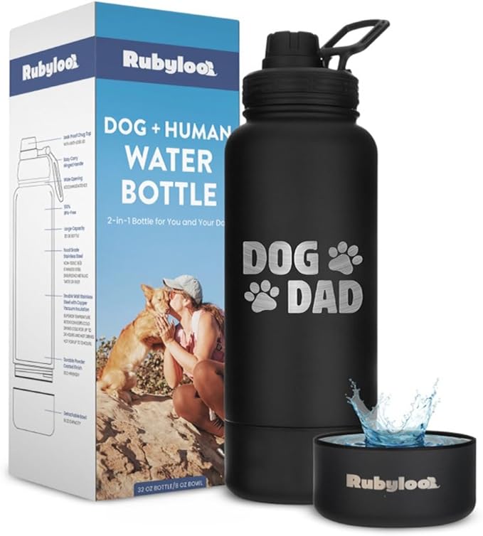Dog Dad Water Bottle – 32 oz Stainless Steel Double Wall Insulated with 8 oz Detachable Bowl on Bottom – Cool Dog Dad Gifts for Men for Hiking, Walking, Travel & Everyday Adventures – DD Black