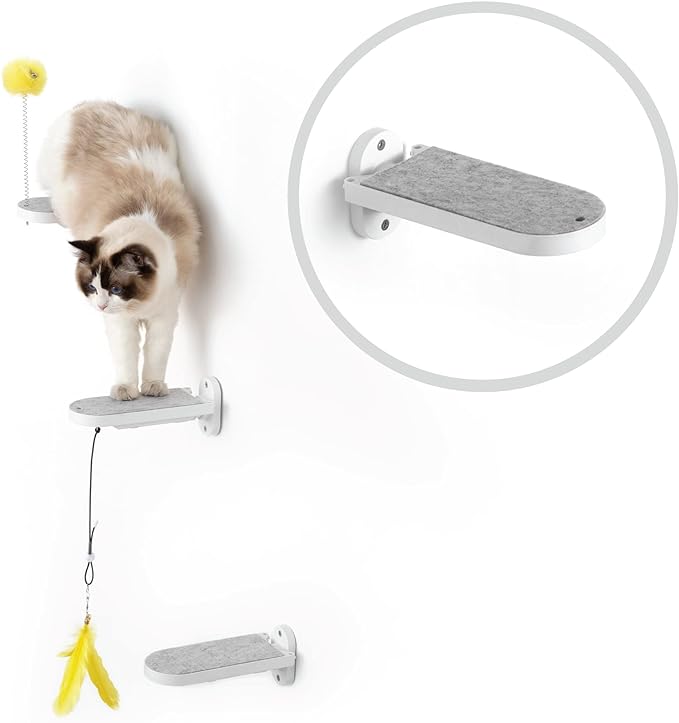 SVD.PET (3-PACK Cat Wall Steps, Cat Climbing Stairs with Replaceable Felt Pad, Cat Climbing Shelves for Wall Mounted with Cat Toy, Cat wall furniture for Kitten, Medium and Large Cats (White)