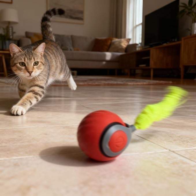Interactive Cat Toy Ball - Motion-Activated, USB Rechargeable Cat Toys for Indoor Cats with Anti-Scratch Cover & 2 Changeable Tails - Enrichment Toy for Active Cats & Kittens