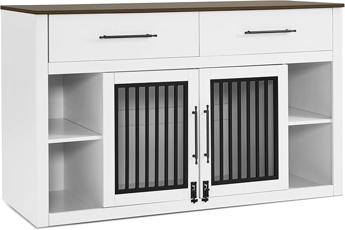 Lovupet Wooden Dog Crate Furniture, Pet House End Table with Large Drawers, Pet Crate for Small/Medium Dogs 1858 (White and Brown)