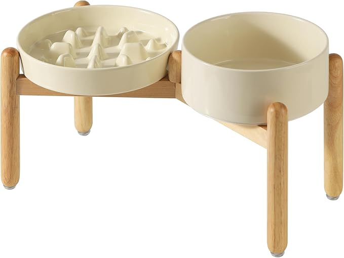 Ceramic Raised Slow Feeder Dog Bowl Set, Elevated 8.2inch Bowl and 9.5inch Slow Pet Food Dish with Wooden Stand for Large Dog (2 x Beige+ Stand)
