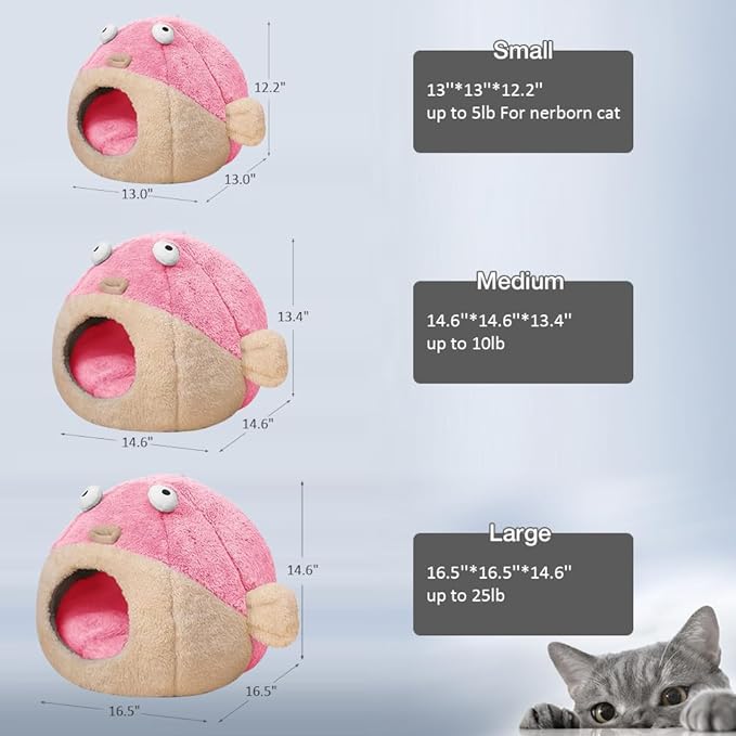 Cat Beds for Indoor Cats - Cat Bed Cave with Removable Washable Cushioned Pillow, Soft Plush Premium Cotton No Deformation Pet Bed, Lively Pufferfish Cat House Design, Pink, Multiple Sizes(M)