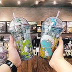 Dinosaur Cups with straw Travel Tumblers Water Bottle Ice Coffee Mugs Reusable Plastic Party Cup Birthday Gift (light green dinosaur, 6.5 * 20 cm)