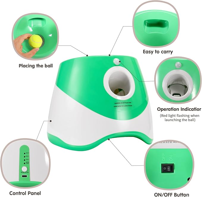 Dog Ball Thrower Launcher, Automatic Launcher with 6 Mini Tennis Balls, Interactive Dog Toys Indoor Outdoor Ball Thrower Machine for Small Dogs with 3 Distance Settings