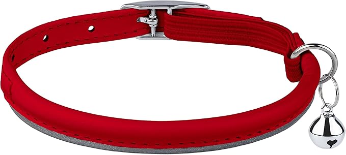 OOPSDOGGY Rolled Leather Cat Collar with Bell, Reflective Kitten Collars with Buckle Include Safety Elastic Strap - Adjustable Small Pet Collars for Boy Girl Cats (Red)