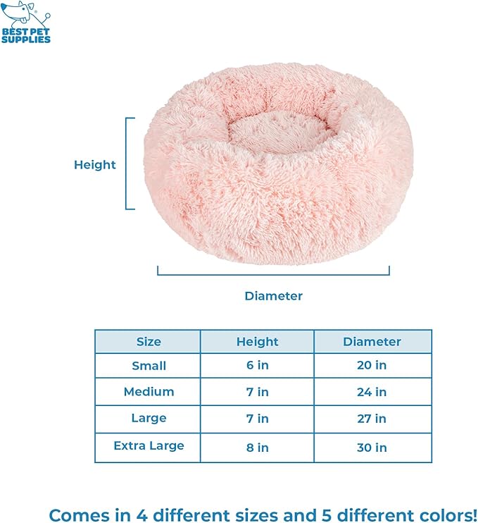 Best Pet Supplies Round Donut Dog Bed with Plush Faux Fur Fabric, Calming, Anti-Anxiety Cushion for Indoor Pets, Slip-Resistant Base, Soft Ergonomic Support - Pink, 27x27x7.5''
