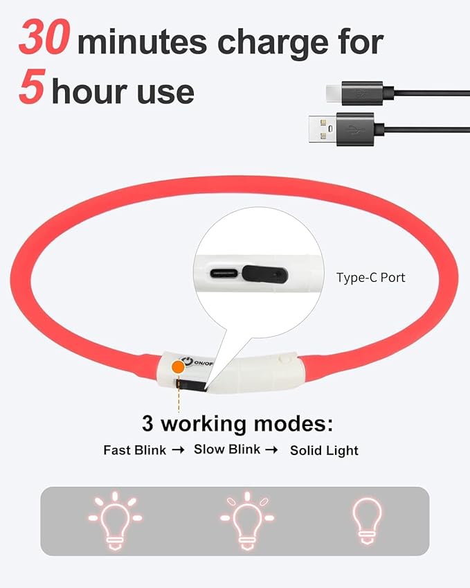 Joytale Light Up Dog Collar, Rechargeable Rainproof LED Collar for Night Walking Safety, Soft Silicone Glow in The Dark, Suitable for Small Medium Large Dogs, Red