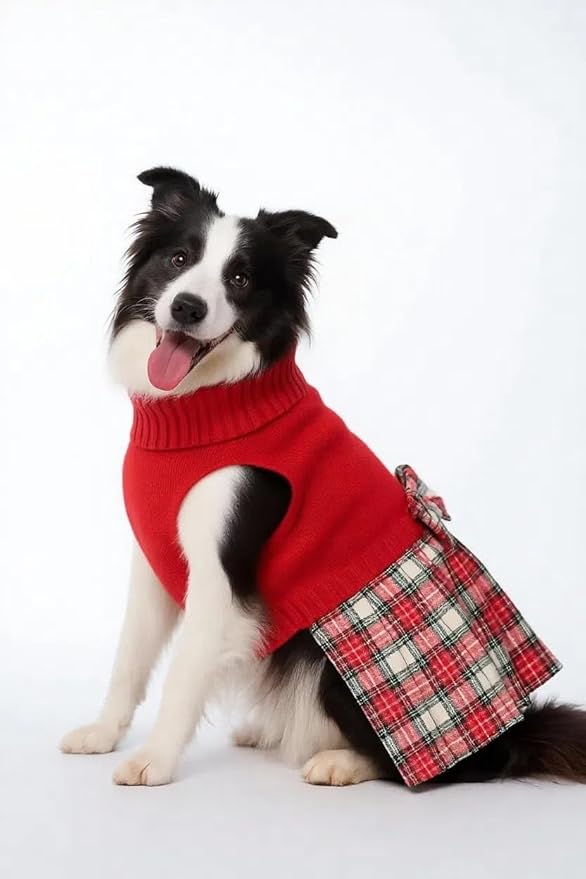 Lanyarco Burgundy Red Knitted Dog Sweater Dress, Dog Sweaters for Small Dogs Girl, Maltese Cat Apparel, Red,Small (S)