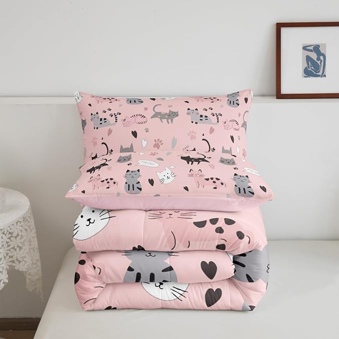 Erosebridal Kids Cat Comforter Set Full Cute Pet Bedding Set for Girls Pink Kitten Bedding Comforter Sets Kawaii Cat Paws Duvet Insert Cartoon Animal Theme Quilted Comforter Lovely Bedroom Decor 3pcs