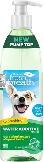TropiClean Fresh Breath Water Additive for Dogs | Dog Breath Freshener & Teeth Cleaning Solution | No Toothpaste or Toothbrush Required | 16 oz + Pump