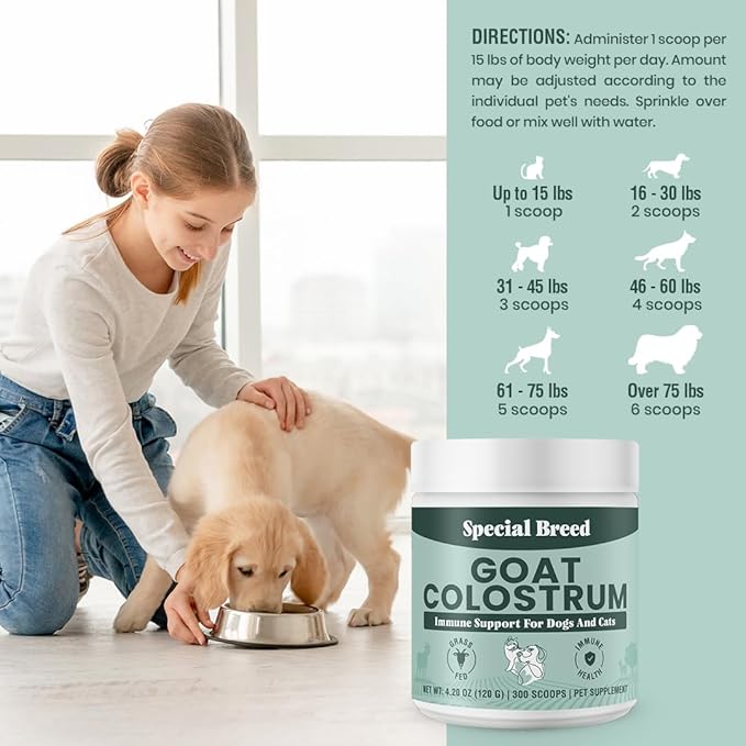 Special Breed Goat Colostrum for Dogs and Cats, Immune Support Supplement for Allergy and Itch Relief, Grass Fed Colostrum Powder - 300 Scoops