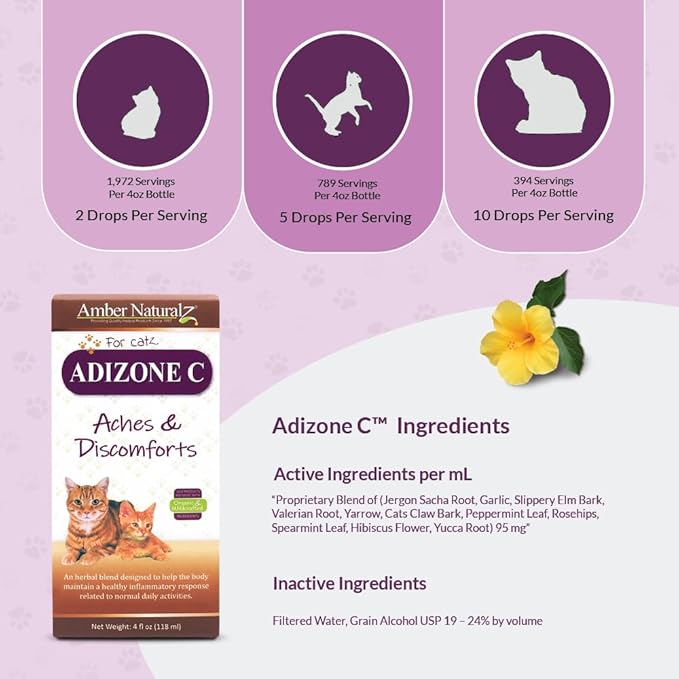 Amber NaturalZ Adizone C Herbal Supplement for Cats | Supports Healthy Inflammatory Response, Occasional Discomfort, and Normal Joint Function | Natural Aid for Active and Aging Felines