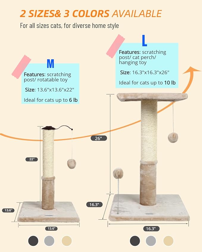 Happi N Pets 22" Cat Scratching Posts for Indoor Cats, Carpet Cat Scratch Post, Sisal Cat Scratcher, Cat Post with Rotatable Hanging Balls & Stable Base, Cat Scratchers for Kittens-Beige