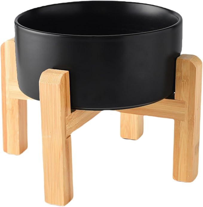 6'' Ceramic Raised Dog Bowl - 30Oz Dog Food & Water Bowl with Elevated Non-Slip Bamboo Stand, Dishwasher & Microwave Safe, Anti Vomiting Heavy Duty Pet Bowl for Small and Medium Dogs, Black