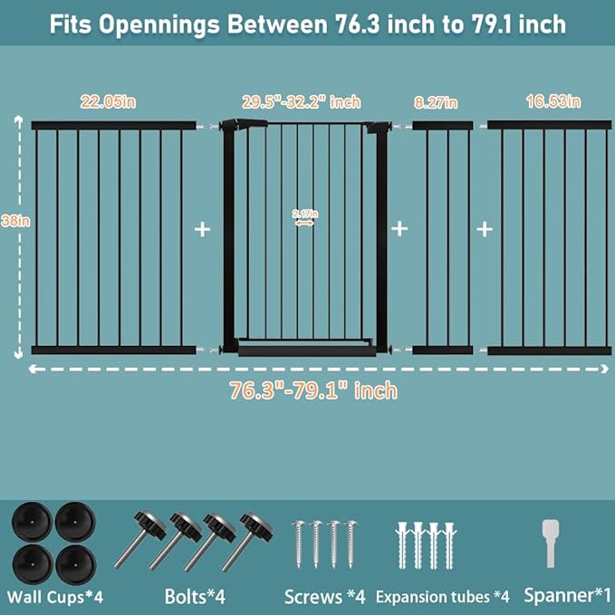 38.5" Extra Tall Dog Gate 76.38"-79.13" Wide - Long Large Pressure Mounted Baby Gates with Door for The House Stairs Doorways - Walk Through Toddler Puppy Pet Safety Fence Gate Black