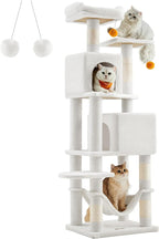 Feandrea Cat Tree, 61-Inch Cat Tower for Indoor Cats, Plush Multi-Level Cat Condo with 5 Scratching Posts, 2 Perches, 2 Caves, Hammock, 2 Pompoms, Cream White UPCT192T01