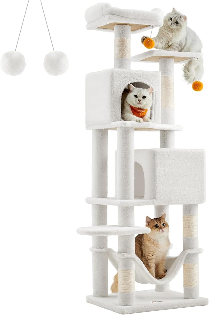 Feandrea Cat Tree, 61-Inch Cat Tower for Indoor Cats, Plush Multi-Level Cat Condo with 5 Scratching Posts, 2 Perches, 2 Caves, Hammock, 2 Pompoms, Cream White UPCT192T01