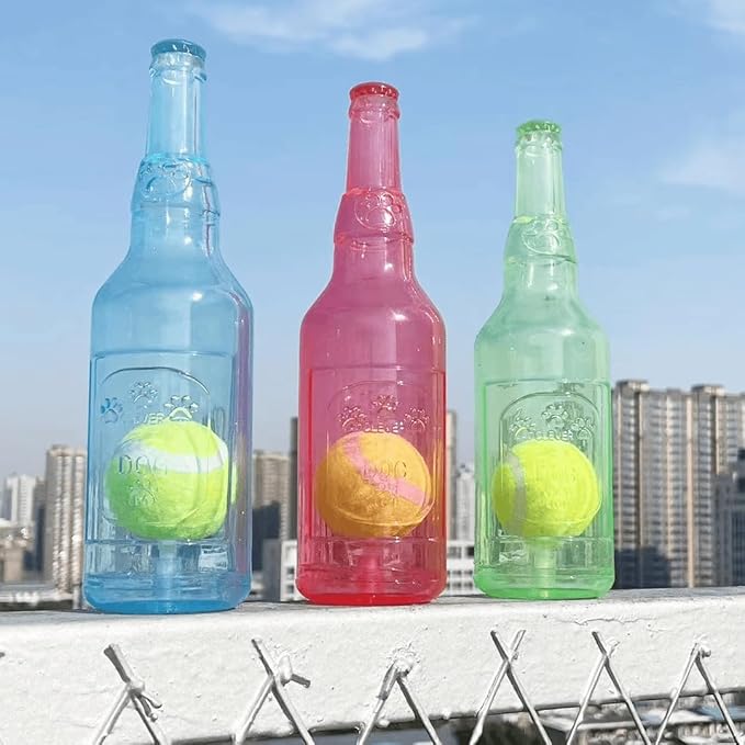 Wine Bottle Dog Toy, Fun Interactive Cute Squeaky Dog Toys with Tennis Ball Inside, Ideal for Large/Medium/Small Dogs to Fetch Games and Bonding Time, Not for Heavy Chewers, Medium-Red