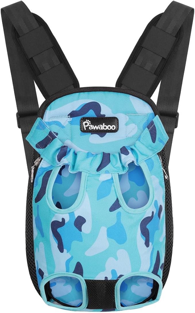 Pawaboo Pet Carrier Backpack, Adjustable Pet Front Cat Dog Carrier Backpack Travel Bag, Legs Out, Easy-Fit for Traveling Hiking Camping for Small Medium Dogs, Large Size, Blue Camouflage