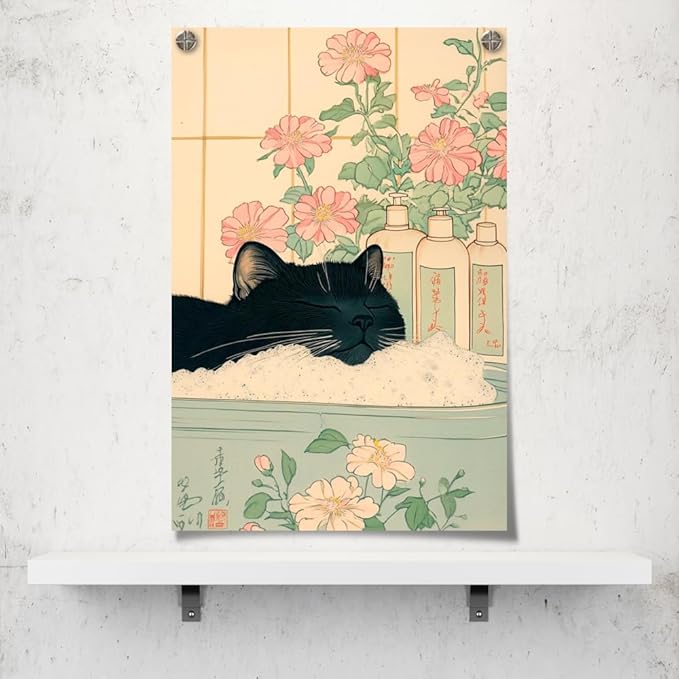 Relaxation Japanese Poster Print Cute Black Cat Wall Art Decor Bathtub Pink Flowers and Green Leaves Picture Canvas Minimalist Japan Artwork for Bathroom Bedroom Toilet Kids Room 16x24inch Unframed