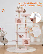 Taoqimiao Cat Tree, 68-Inch Cat Tree Cat Tower for Indoor Cats, Plush Multi-Level Cat Condo with 6 Scratching Posts, 2 Perches, 2 Caves,Hammock, 3 Pompoms,MS020SP Jelly Pink