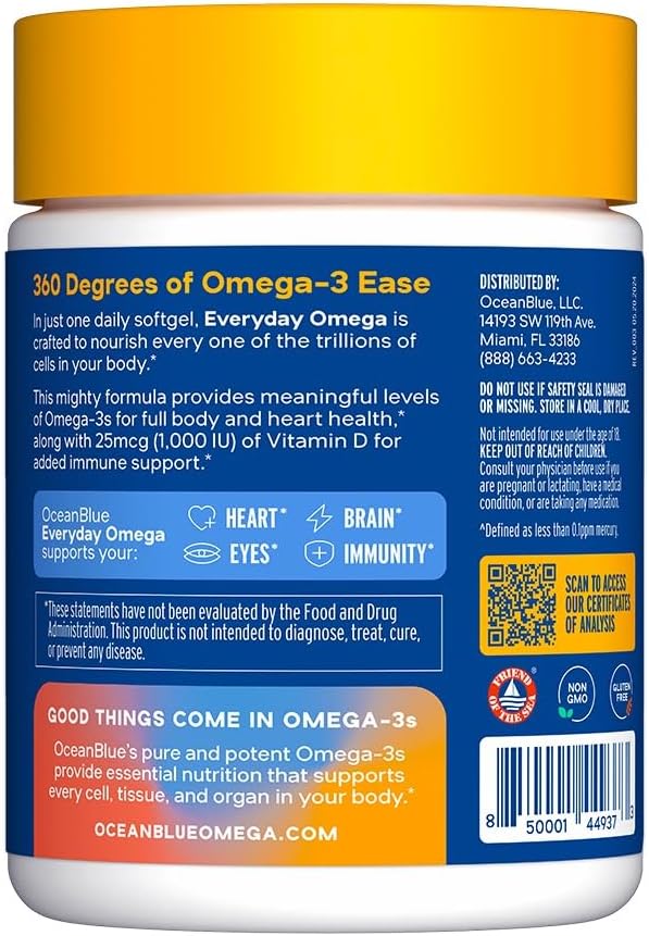 Oceanblue Omega 3 Supplement for Women | Burpless Fish Oil 720mg with Vitamin D3 | Heart Immune Support, Molecularly Distilled Orange Flavor (30 Count One a Day Omega)