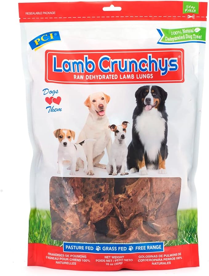 PCI Pet Center Inc. Lamb Crunchys Raw Dehydrated Lamb Lungs Dog Treats, 16 Ounce Pack, LAM-016MC