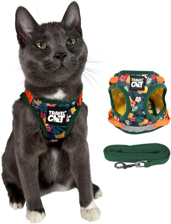Travel Cat Harness and Leash Set - Adjustable Fit Mesh Cat Harness and Reflective Strap - Comfort Walking Vest for Kitten for Outdoor Walking, Hiking (Small, Hawaiian)