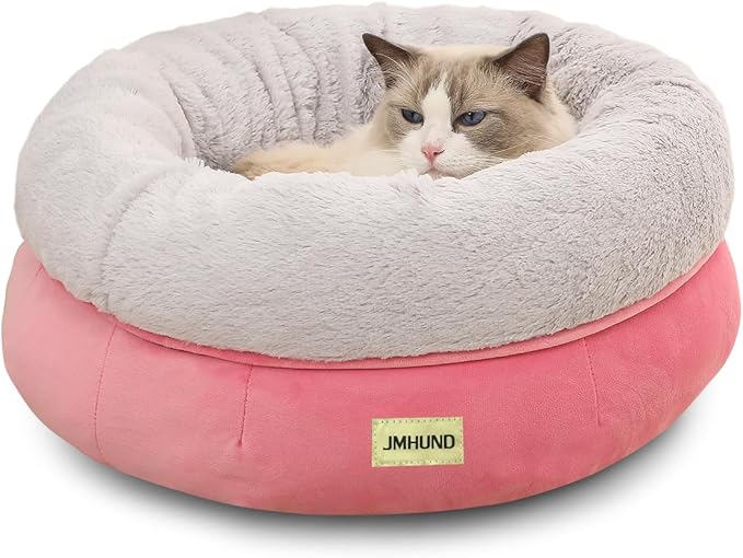Cat Bed for Indoor Cats,Round Cat Bed for Small Pets,Washable Pet Bed with Non-Skid Bottom,Pet Bed for Puppy and Kitty,19 Inches,Pink