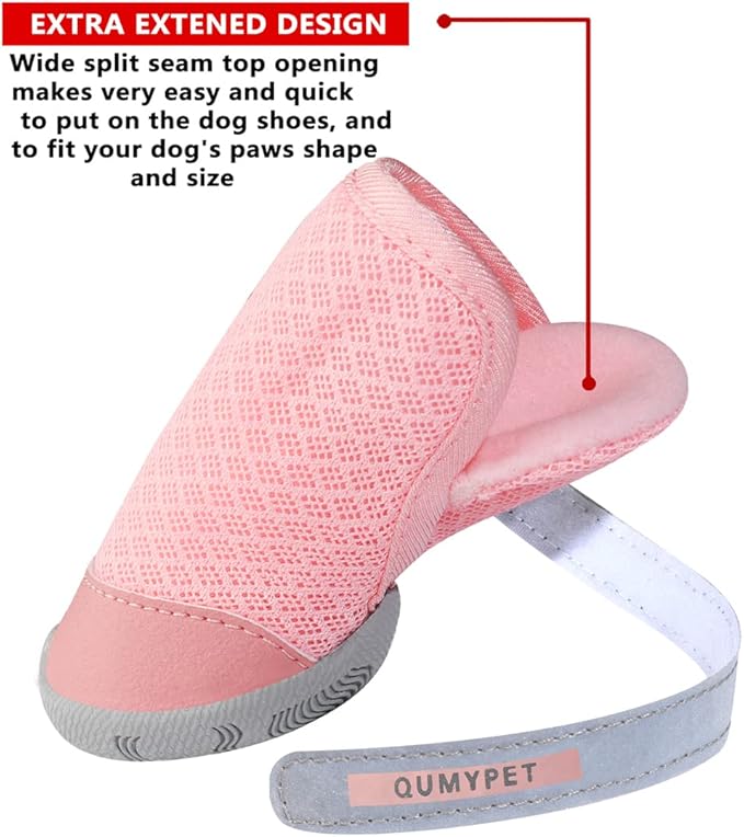 QUMY 4PCS Dog Shoes for Small Dogs, Hot Pavement Summer Puppy Dog Boots & Paw Protectors with Soft Anti-Slip Rubber Sole, Mesh Breathable Dog Booties for Hardfloors, Walking Running Pink Size 3