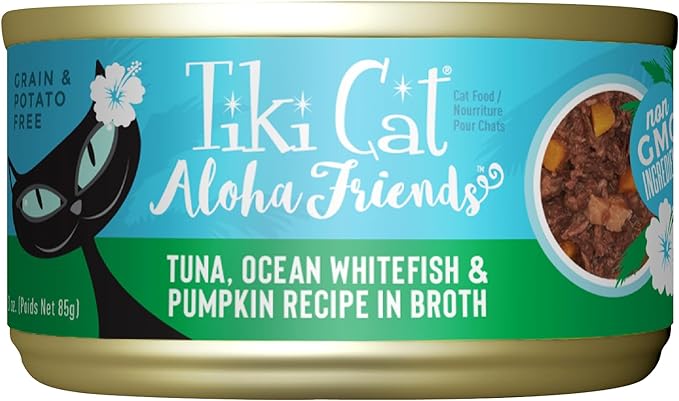 Tiki Cat Aloha Friends, Tuna, Ocean Whitefish & Pumpkin, Grain-Free & High Moisture, Wet Cat Food for All Life Stages 3 oz. Can (12 Count)