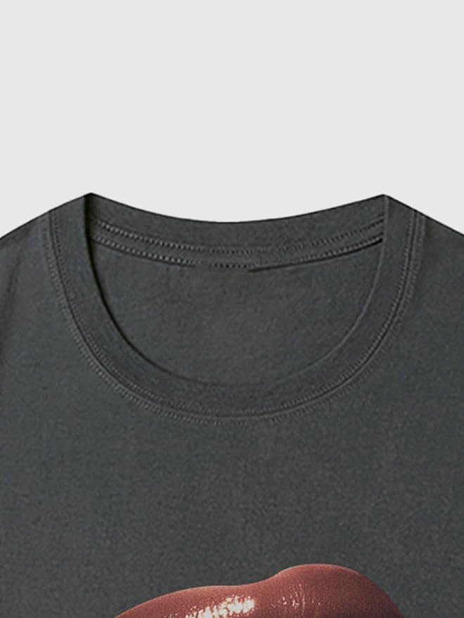 Verdusa Women's Lips Print Graphic Tees Y2k T Shirts Summer Crew Neck Vintage Going Out Tops