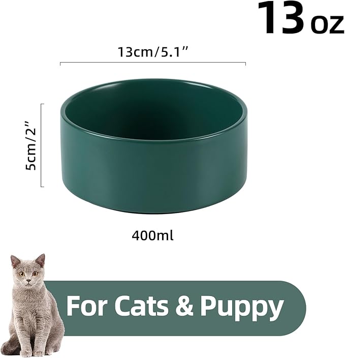 Ceramic 5.1inch Set of 2 Dog and Cat Bowls, Food and Water Feeder for Small Breed Dogs, Kitty, Cats, 2pcs Dog & Cat Dishes(2 Bowls, Green)