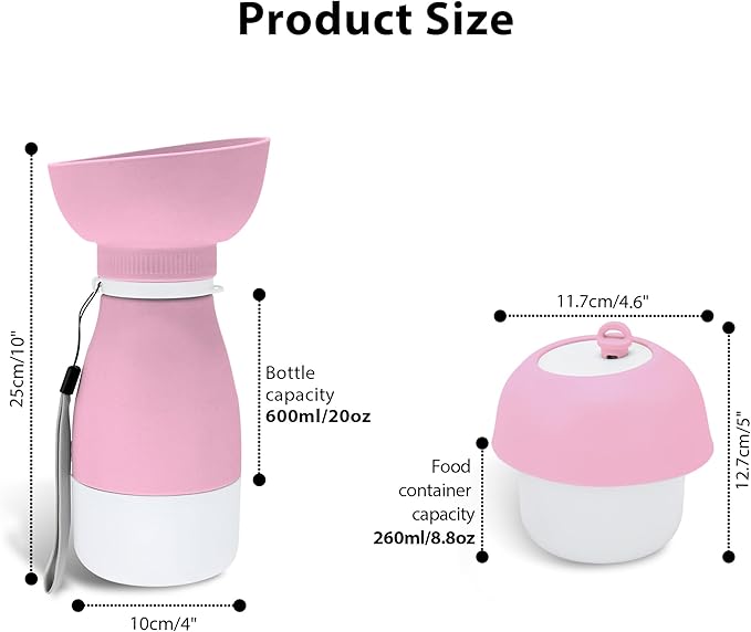 Portable Pet Water Bottle - 20 oz with 8.8 oz Food Container,Silicone Leakproof Travel Bottle for Dogs Cats, Detachable Feeding Dish for Walking Hiking Travel Pink