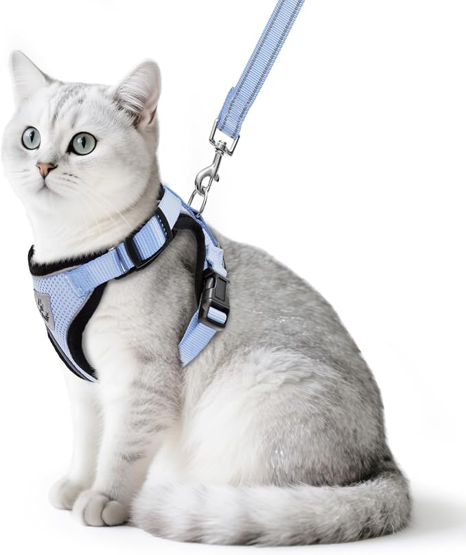 PUPTECK Cat Harness and Leash Set Escape Proof Reflective Cat Walking Harness Adjustable Soft Breathable Mesh Vest for Small Pets, Sky Blue, S