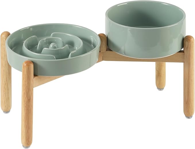 Ceramic Raised Slow Feeder Dog Bowl Set, Elevated 6.1inch Bowl and 7.3inch Puzzle Slow Food Dish with Wooden Stand for Small and Medium Dog, Anti-Gulping (2X Light Green+ Stand)