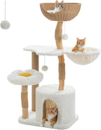 PETEPELA Cat Tree for Large Cats, 48.5" Natural Solid Wood Cat Tower with Big Rattan Basket, Cozy Condo & Flower Cat Tree with Large Perch for Indoor Cats, Kittens, White