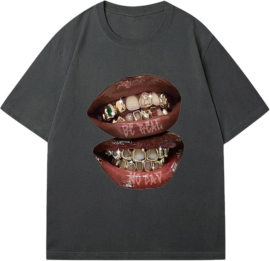 Verdusa Women's Lips Print Graphic Tees Y2k T Shirts Summer Crew Neck Vintage Going Out Tops