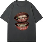 Verdusa Women's Lips Print Graphic Tees Y2k T Shirts Summer Crew Neck Vintage Going Out Tops