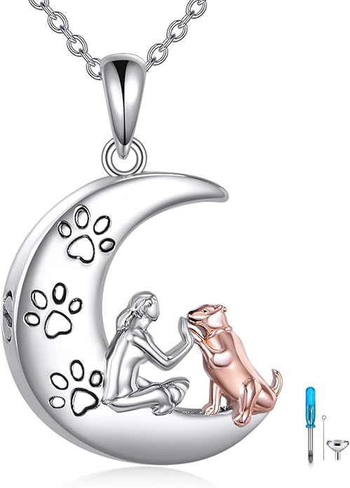 TIGER RIDER Memorial Urn Necklace for Dog Cat Pets Ashes 925 Sterling Silver Dog Paw Pendant Cremation Jewelry Memorial Ash Keepsake for Women (moon and dog)
