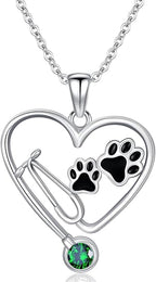 Birthstone Veterinary Stethoscope Necklace 925 Sterling Silver Nurse Vet Pendant with Dog Paw Nurse Jewelry Gifts for Veterinarian Nurse Women Veterinarian Gifts