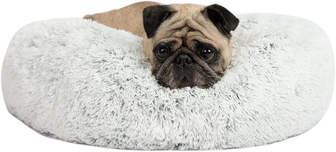 Best Pet Supplies Round Donut Dog Bed with Plush Faux Fur Fabric, Calming, Anti-Anxiety Cushion for Indoor Pets, Slip-Resistant Base, Soft Ergonomic Support - Light Warm Gray, 24x24x7''