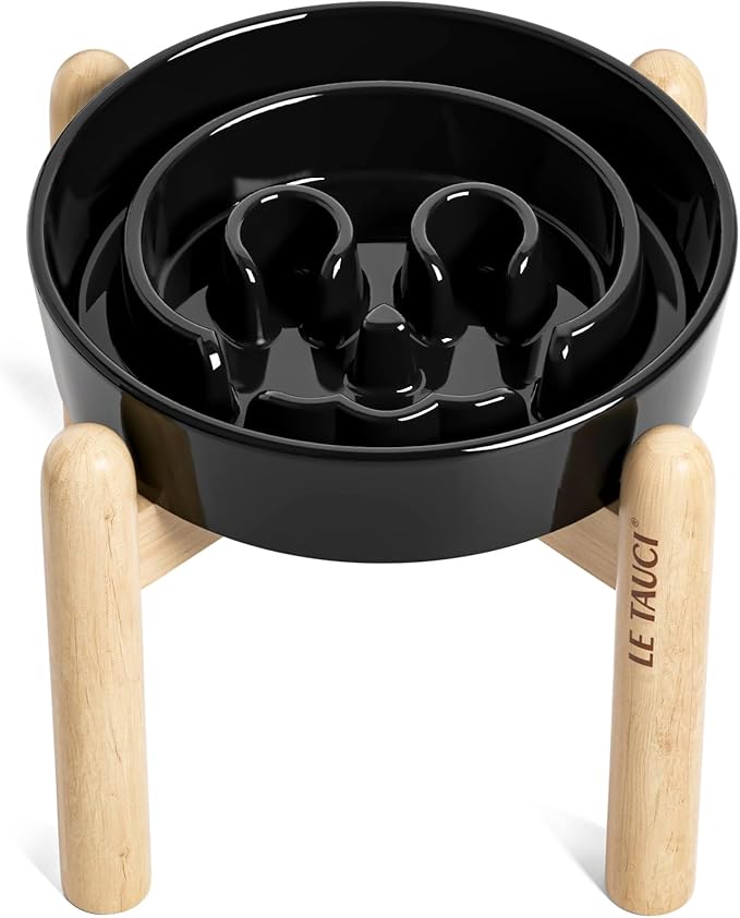 LE TAUCI Ceramic Slow Feeder Dog Bowls Elevated, 3 Cup Raised Bowl with Wooden Stand for Medium Large Breed, Slow Down Eating, Puzzle Dog Food Bowl,Skull Black