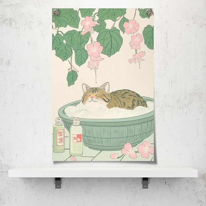 Vintage Tabby Cat in Bathtub Wall Art Funny Japanese Poster Print Relaxation Decor Cute Animal Pet Canvas Neutral Japan Painting for Bathroom Dorm Living Room Home Aesthetic 16x24inch Unframed