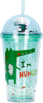Dinosaur Cups with straw Travel Tumblers Water Bottle Ice Coffee Mugs Plastic Party Cup Birthday Gift (green dinosaur, 6.5 * 20 cm)