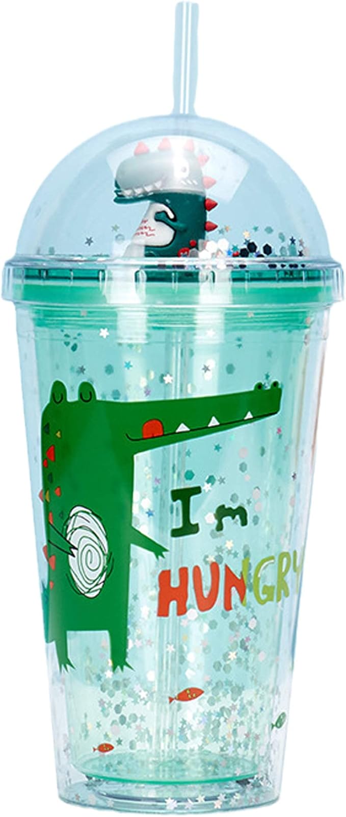 Dinosaur Cups with straw Travel Tumblers Water Bottle Ice Coffee Mugs Plastic Party Cup Birthday Gift (green dinosaur, 6.5 * 20 cm)