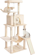 Cat Tree Tower 63in Multi-Level Cat Tower for Indoor Cats with Sisal Scratching Posts, Condo, Hammock, Dangling Ball and Extended Platform for Cats to Play, Beige