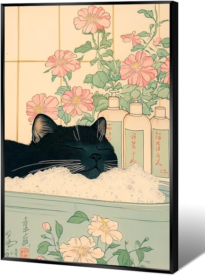 Relaxation Japanese Poster Print Cute Black Cat Wall Art Decor Bathtub Pink Flowers and Green Leaves Picture Canvas Minimalist Japan Artwork for Bathroom Bedroom Toilet 16x24inch Metal Black Frame