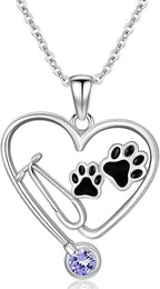Birthstone Veterinary Stethoscope Necklace 925 Sterling Silver Nurse Vet Pendant with Dog Paw Nurse Jewelry Gifts for Veterinarian Nurse Women Veterinarian Gifts