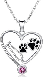 Birthstone Veterinary Stethoscope Necklace 925 Sterling Silver Nurse Vet Pendant with Dog Paw Nurse Jewelry Gifts for Veterinarian Nurse Women Veterinarian Gifts
